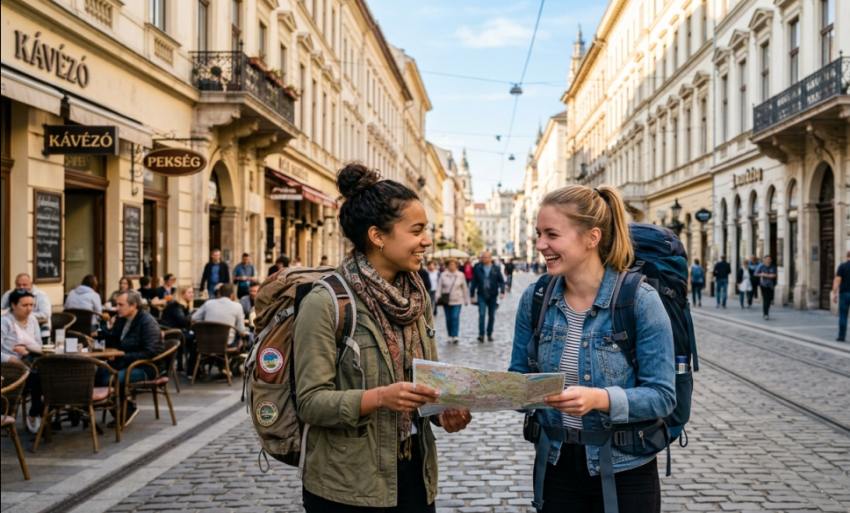 Két hátizsákos fiatal nő boldogan nézi a várostérképet egy európai, történelmi sétálóutcában.